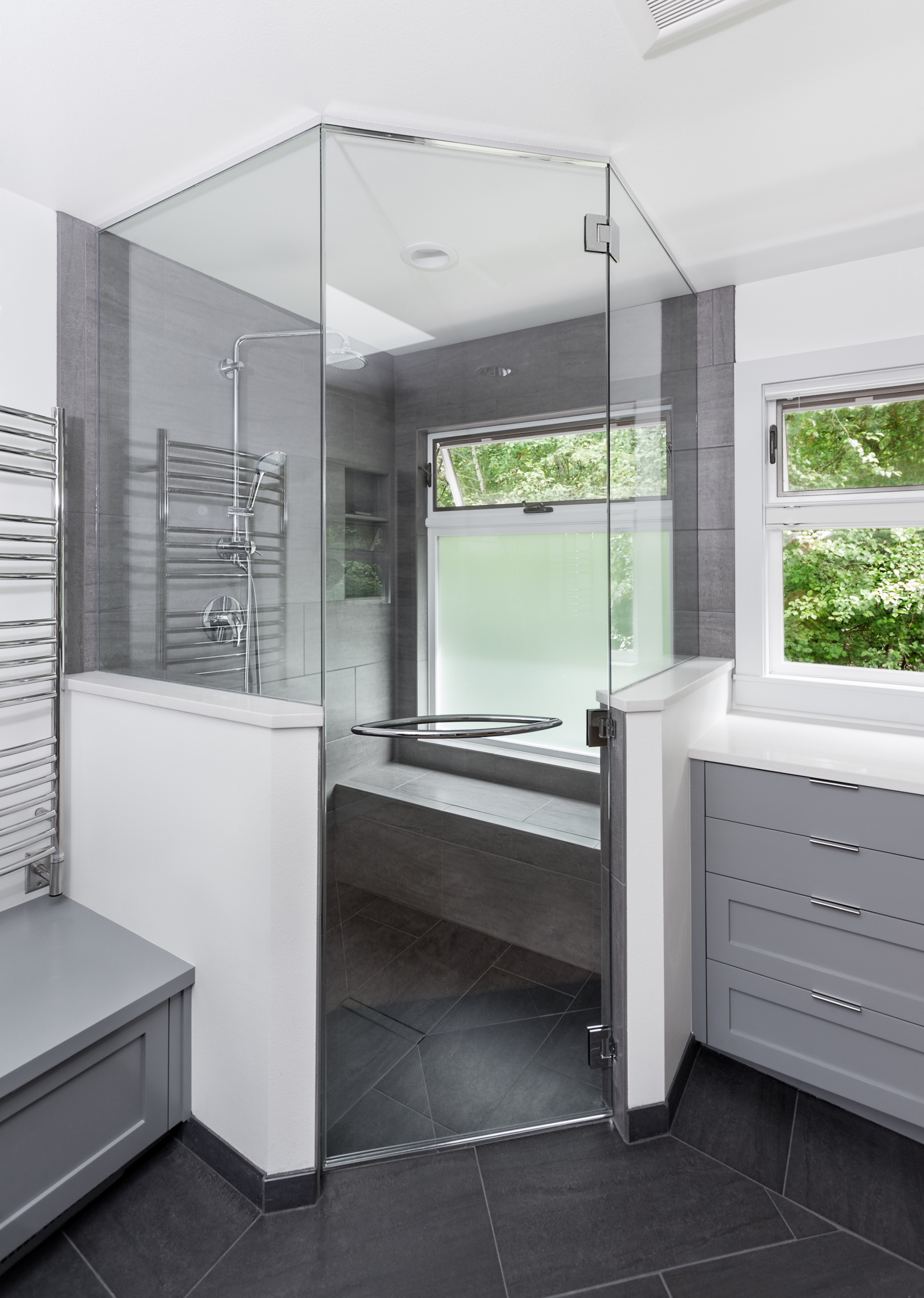 Neo angle shower door installation Greater Boston LUXE Glass