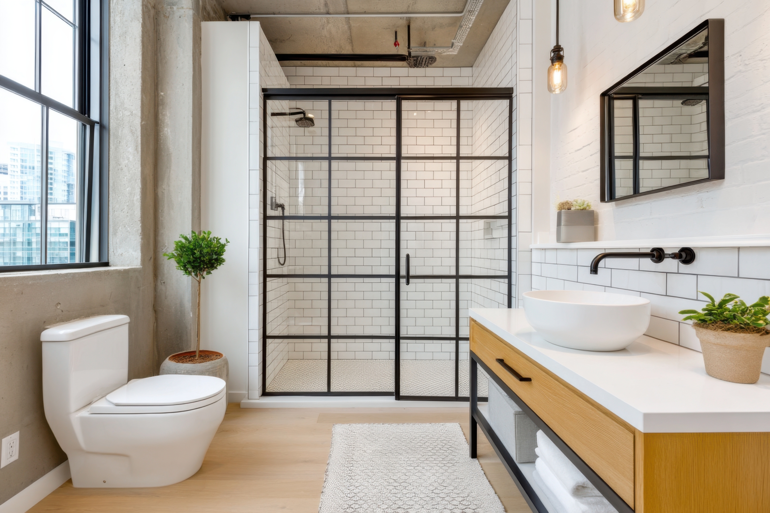 Black framed shower doors installed in Boston MA by LUXE Glass