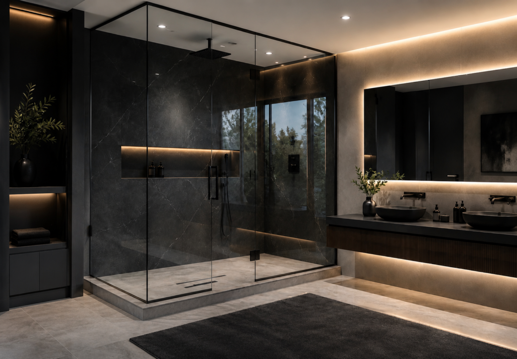 Luxury custom frameless glass steam shower with matte black hardware, built-in bench seating, and modern spa-inspired bathroom design.