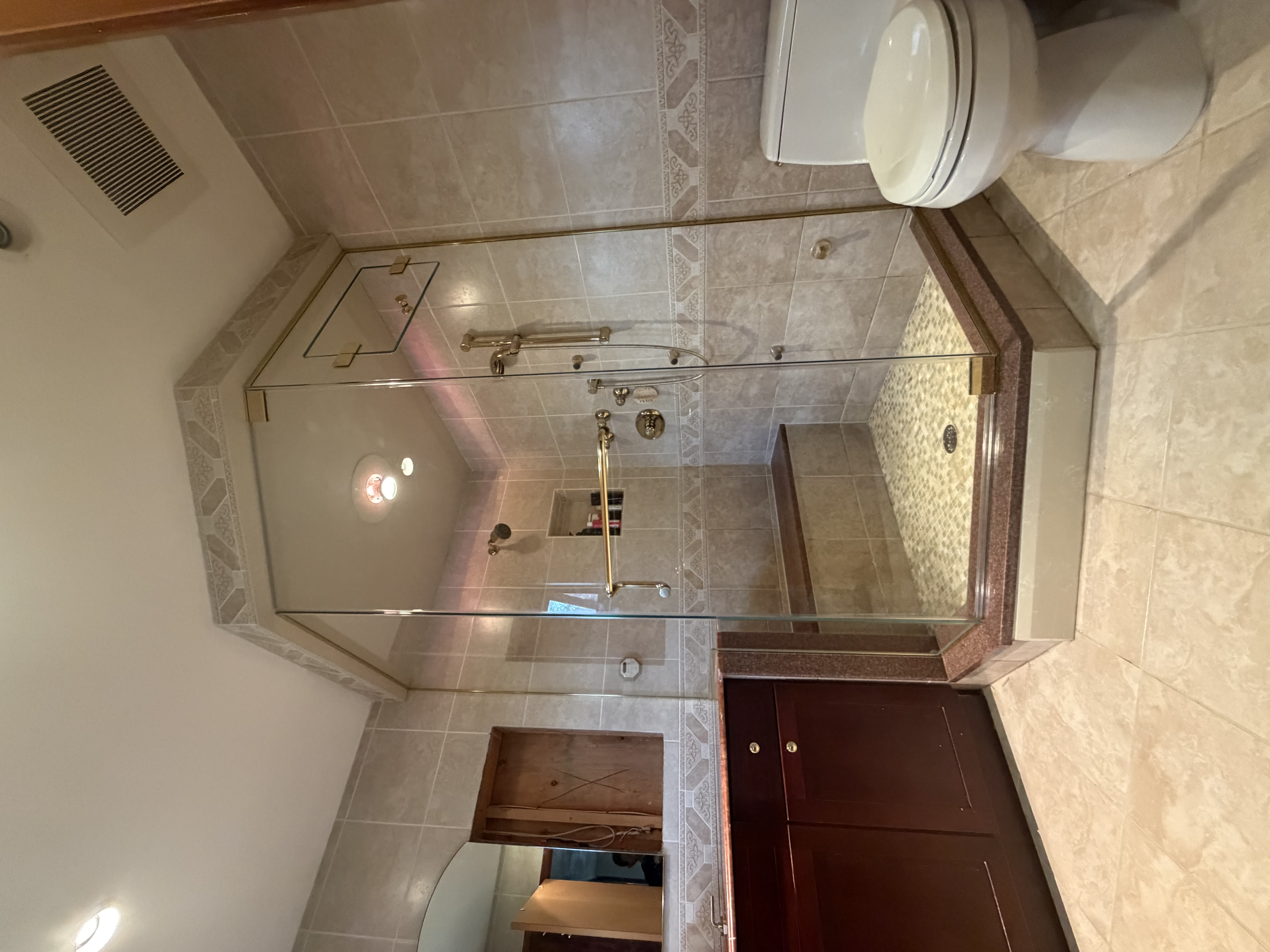 Custom neo angle frameless shower door corner enclosure Boston MA LUXE Glass