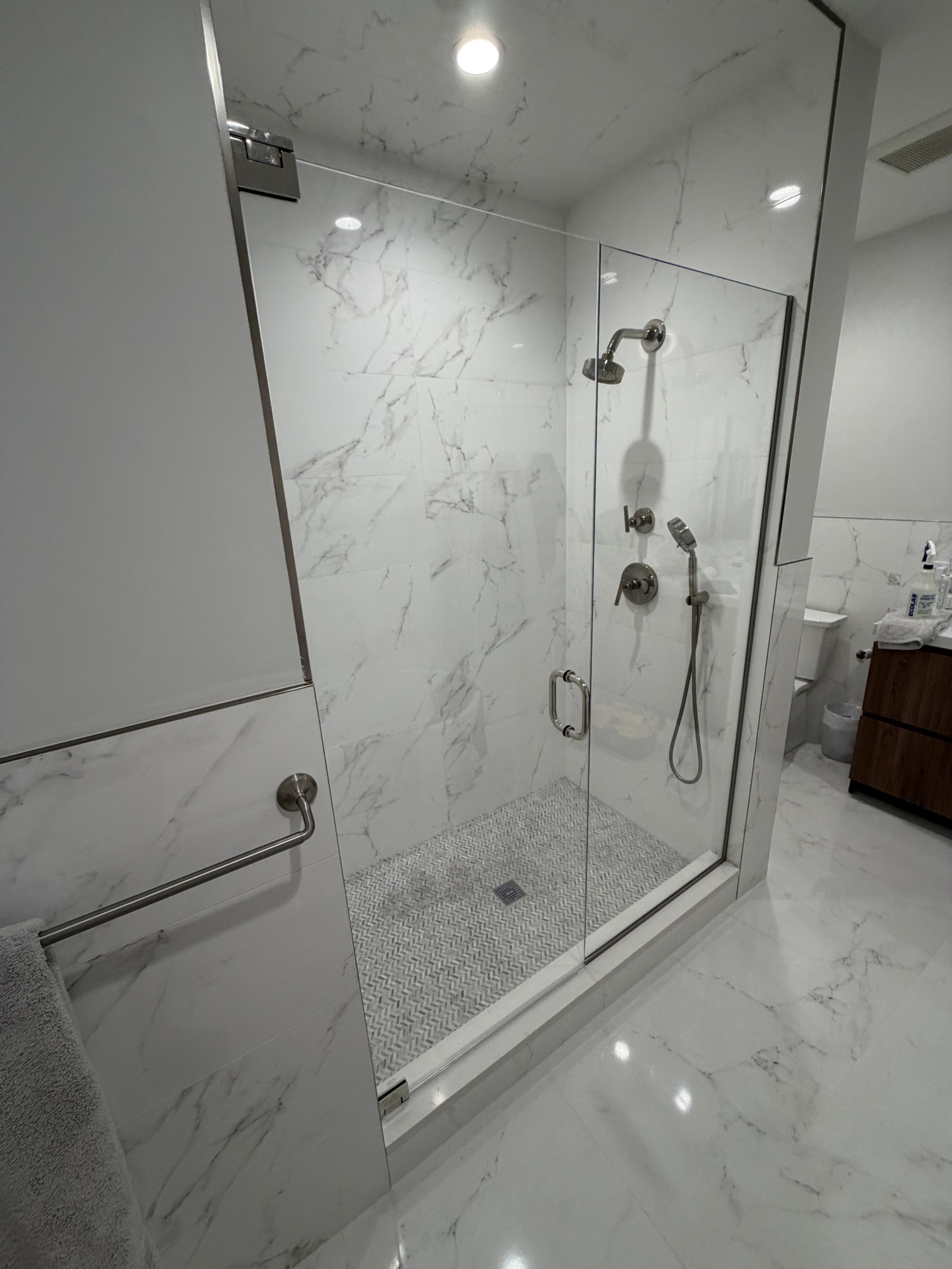 Custom semi frameless shower door Boston MA LUXE Glass