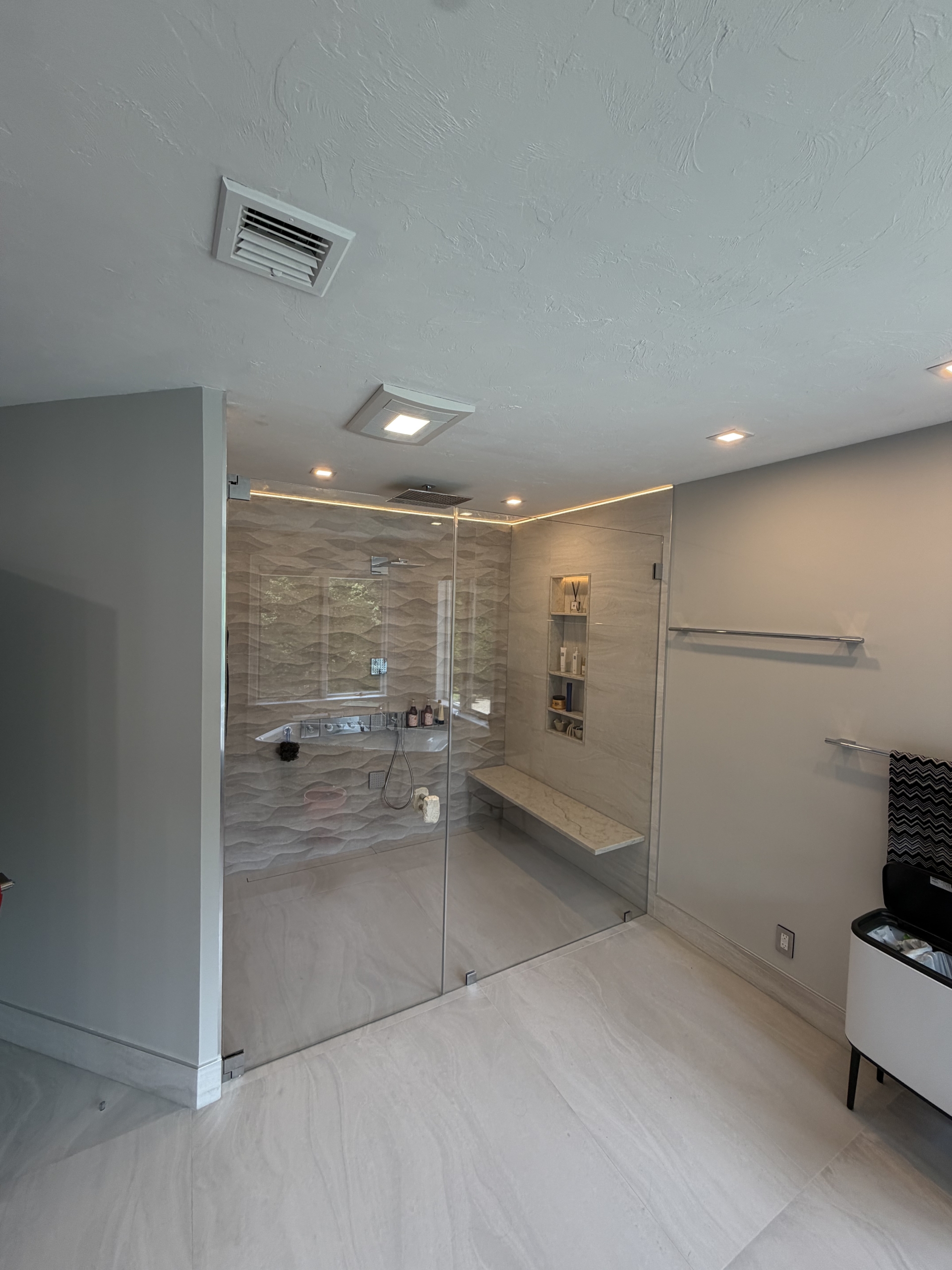 Custom walk in frameless shower enclosure Boston MA LUXE Glass