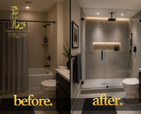 Before and after comparison of a bathroom transformed from an outdated framed shower door to a custom frameless glass shower enclosure, creating a brighter, more spacious, modern design.