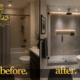 Before and after comparison of a bathroom transformed from an outdated framed shower door to a custom frameless glass shower enclosure, creating a brighter, more spacious, modern design.