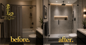 Before and after comparison of a bathroom transformed from an outdated shower to a custom frameless shower door glass enclosure, creating a brighter, more spacious, modern design.